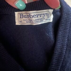 Vintage BURBERRYS Navy Blue V-neck Lambswool Sweater with Crest, Size 40”